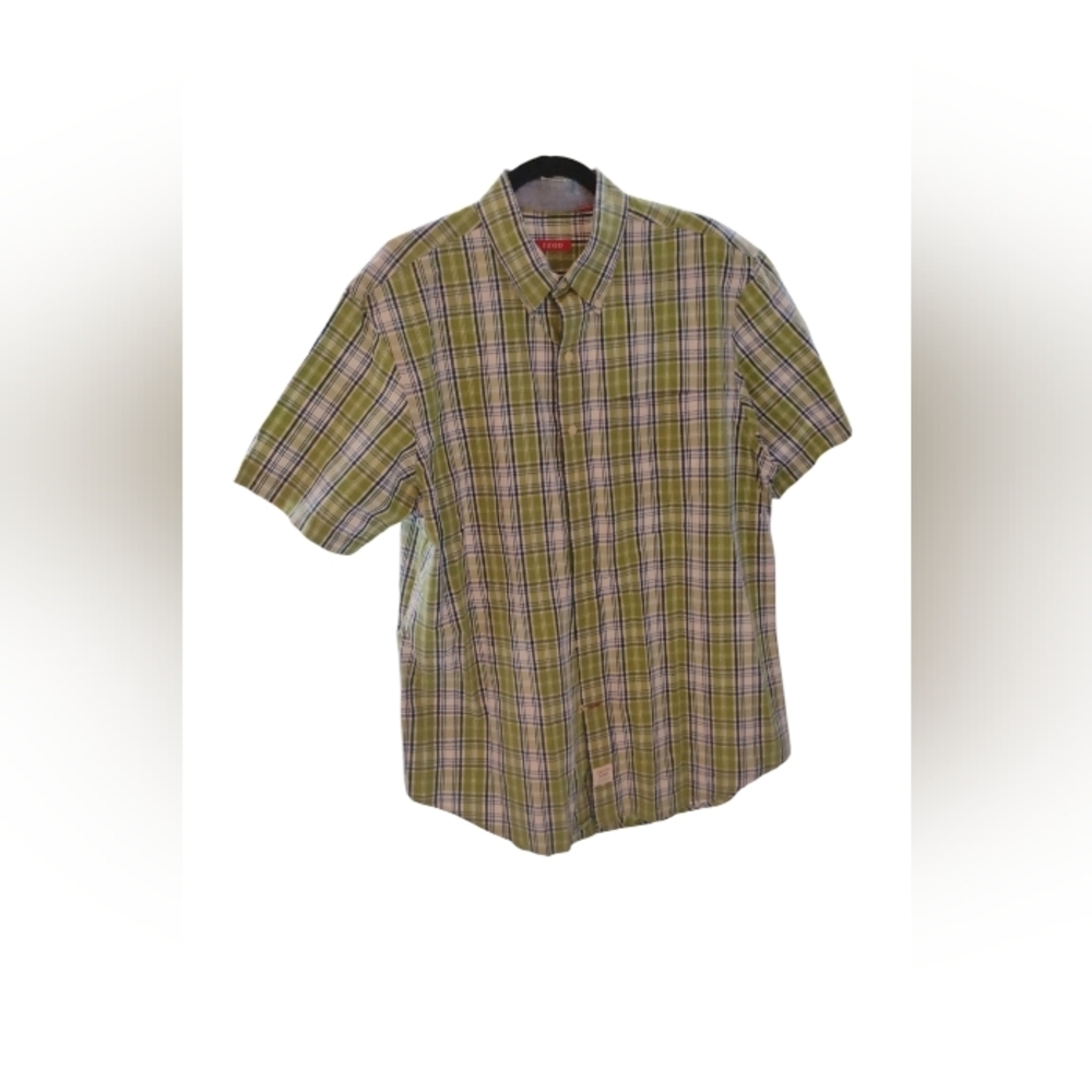 Izod Mens Green Plaid Short Sleeve Shirt SZ L